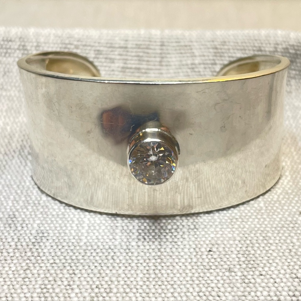 Silver Wide Cuff Bracelet with Cubic Zirconia | 6.5-7”